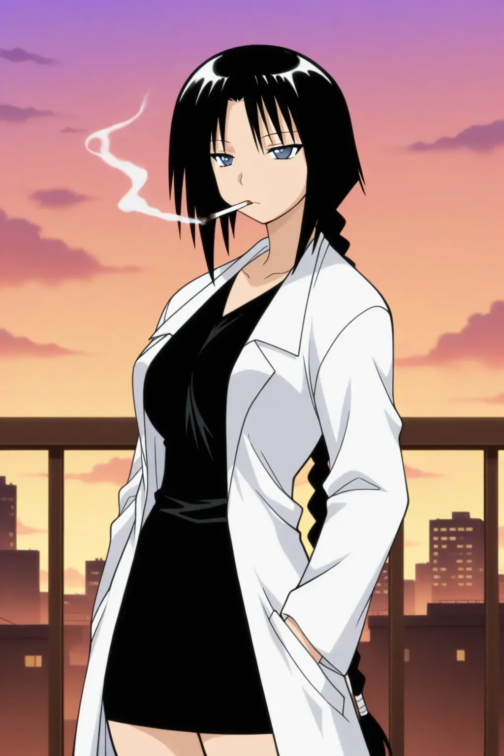 masterpiece, best quality, pugyuru_hokeni_ilxl, 1girl, solo, <lora:pugyuru_hokeni_ilxl:0.9>, black hair, labcoat, skirt, long hair, braid, cigarette, pencil skirt, single braid, miniskirt, city, anime coloring, anime screencap