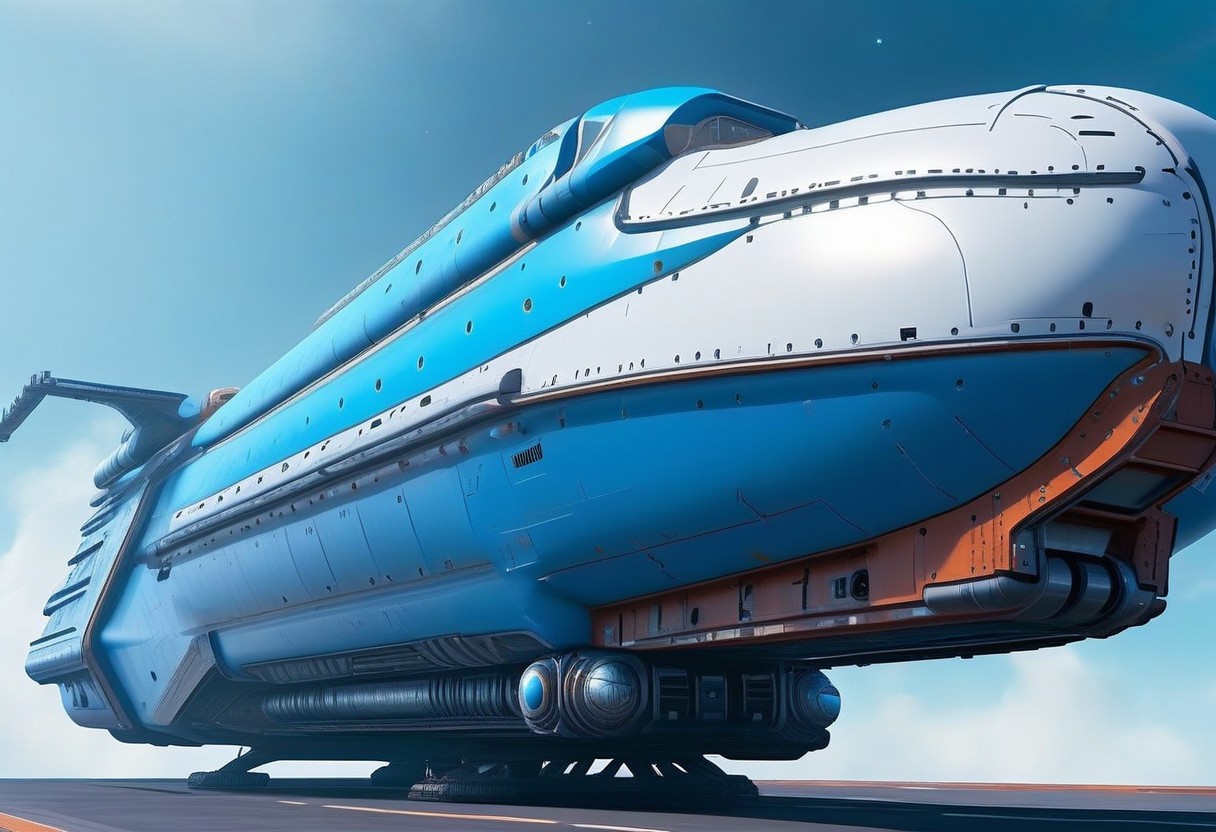 sci-fi, Futuristic, aJed-Rst, Rusty  spaceport,  (((beautiful, hyper realistic, high quality, highly detailed))), sleek blue neotech spacecraft (freighter), tarmac,