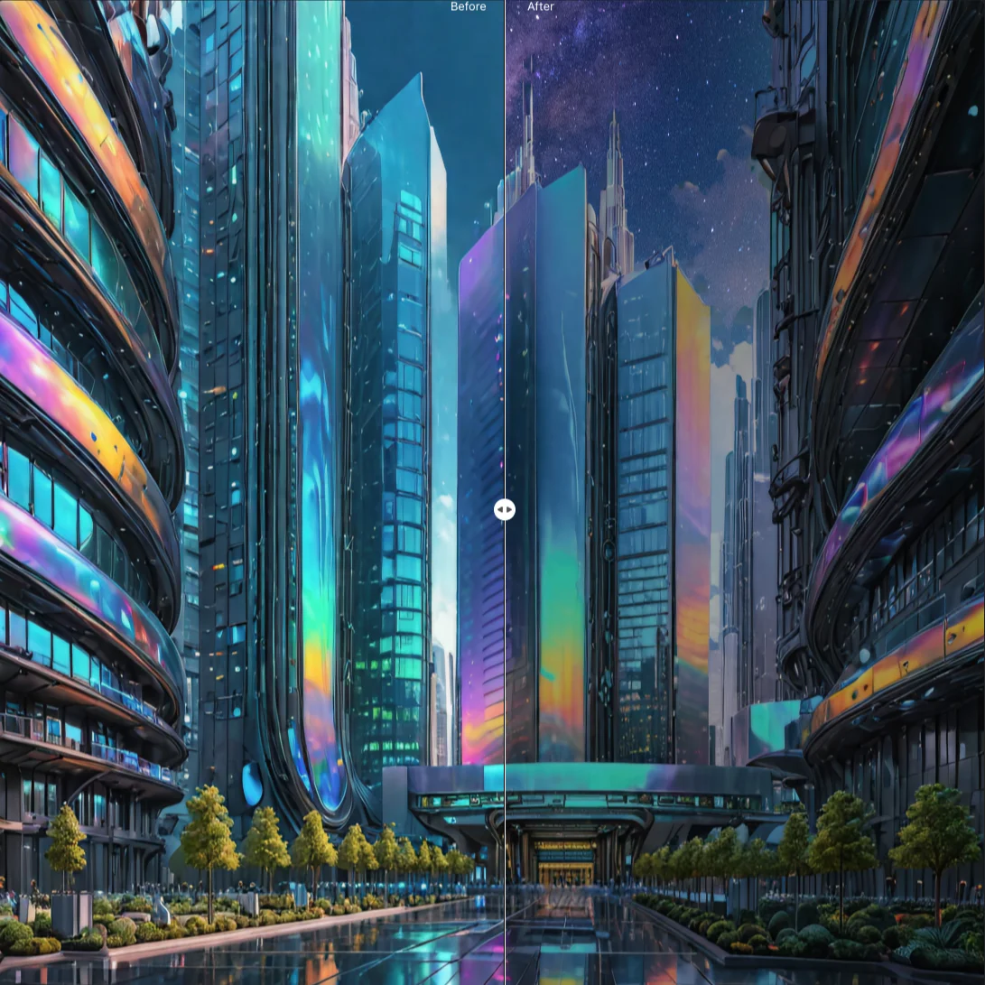 a futuristic iridescent city landscape,tall skyscrapers,high tech futuristic hospital campus,biotechnology research campus,architecture,8K photography,HDR,highly detailed,Trending on Flickr,Golden Ratio,award winning,<lora:IOS_Iridescent_opal_style:1>,