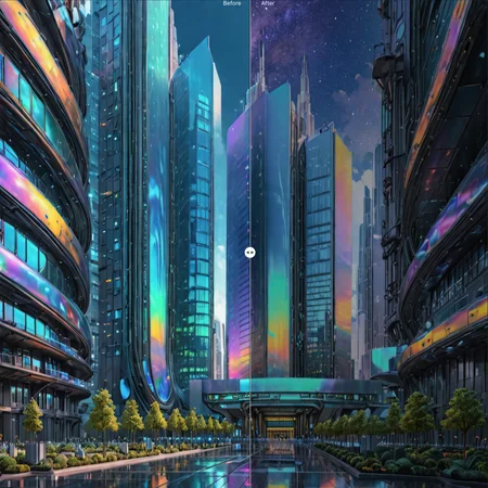a futuristic iridescent city landscape,tall skyscrapers,high tech futuristic hospital campus,biotechnology research campus,architecture,8K photography,HDR,highly detailed,Trending on Flickr,Golden Ratio,award winning,<lora:IOS_Iridescent_opal_style:1>,