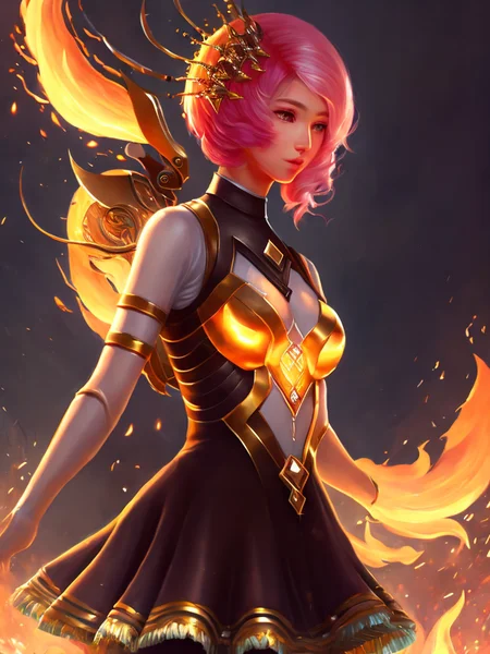 digital painting full body portrait of newtkn alisabcnv, art by midjourney, ultra detailed burning girl, glowing fire particles around, highly detailed face