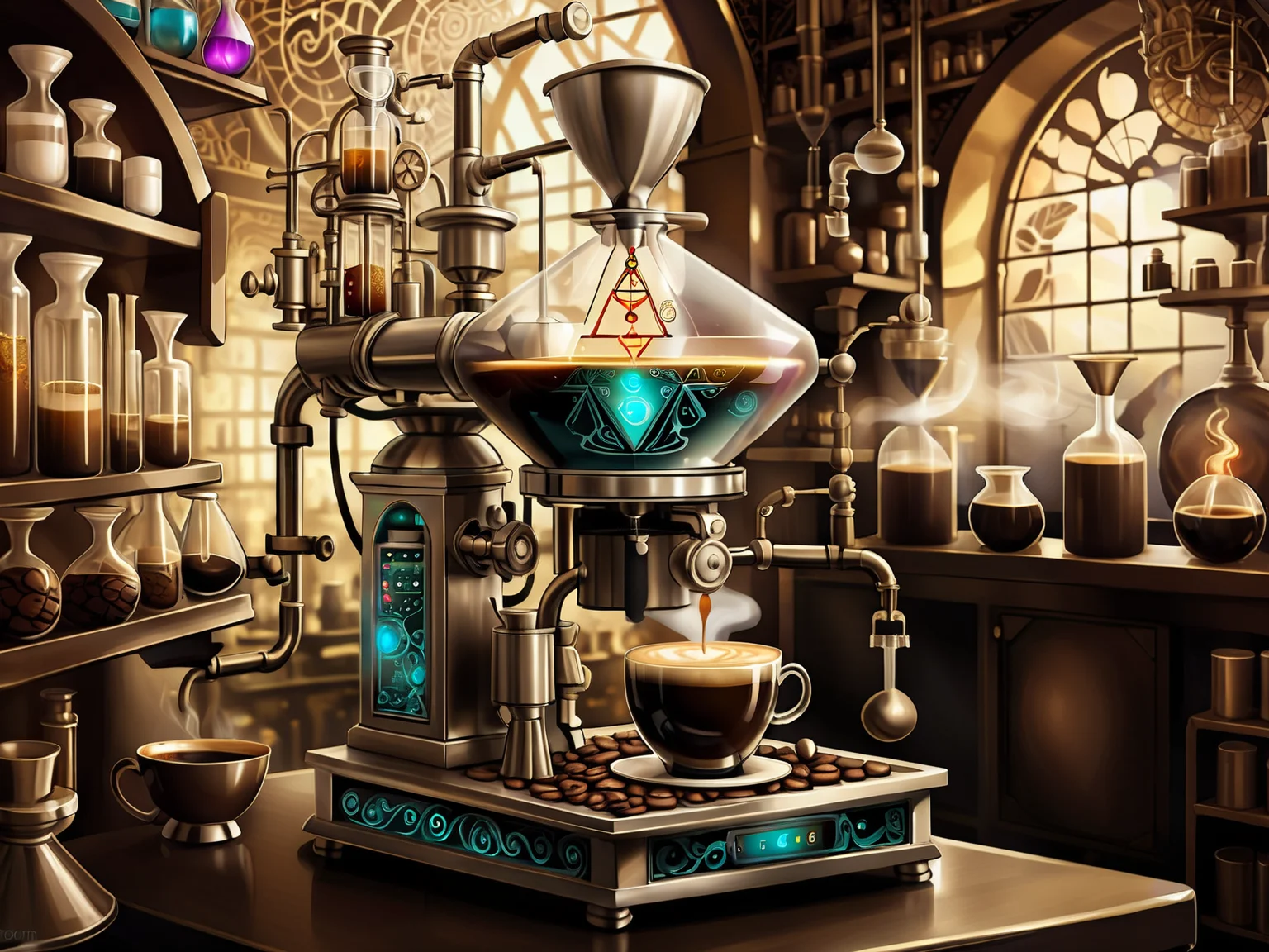<lora:MagicAI:.7> AlchemyPunkAI coffee machine , Highly detailed, fantasy setting, intricate detailed background