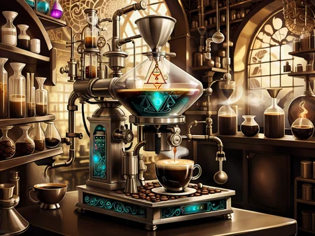 <lora:MagicAI:.7>     AlchemyPunkAI   coffee machine , Highly detailed, fantasy setting, intricate detailed background
