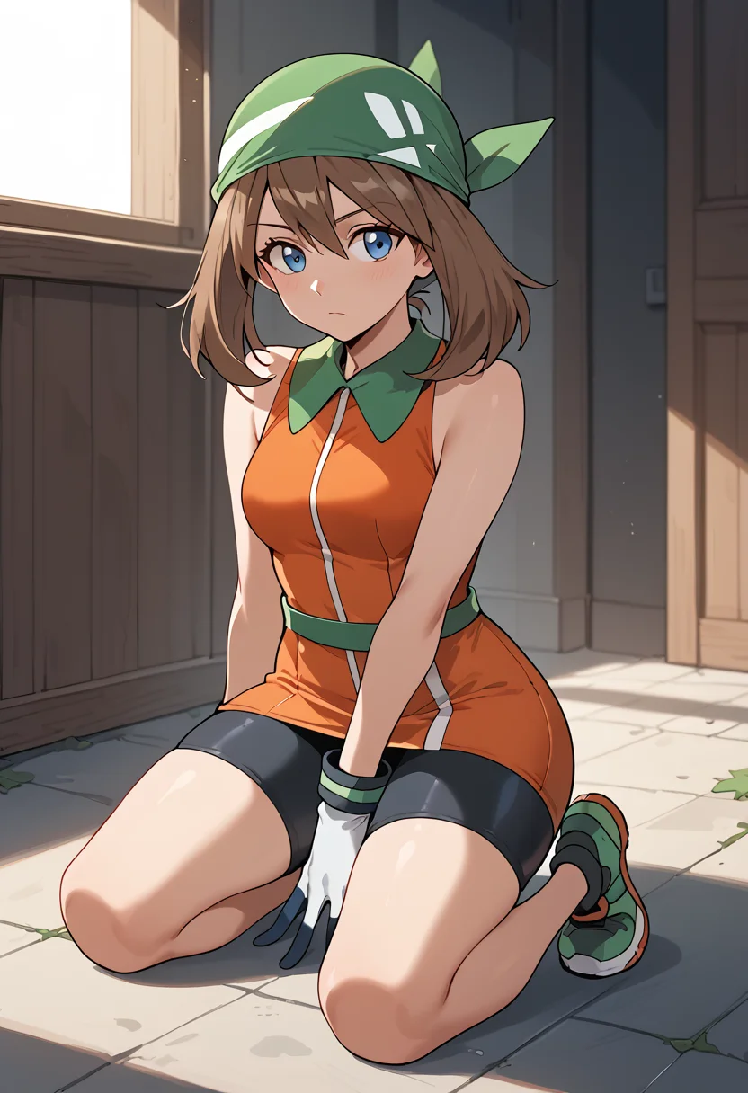 Kneeling and mimicking playing with a kitten, <lora:MayRSEPony-10:1> May_Esm, brown hair, long hair, hair between eyes, medium hair, blue eyes, green bandana, orange dress, short dress, sleeveless dress, collared dress, bike shorts, black shorts, gloves, white gloves,, score_9, score_8_up, score_7_up, score_6_up, score_5_up, score_4_up,