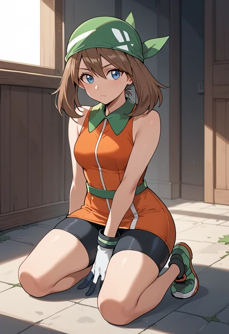 Kneeling and mimicking playing with a kitten,  <lora:MayRSEPony-10:1> May_Esm, brown hair, long hair, hair between eyes, medium hair, blue eyes, green bandana, orange dress, short dress, sleeveless dress, collared dress, bike shorts, black shorts, gloves, white gloves,, score_9, score_8_up, score_7_up, score_6_up, score_5_up, score_4_up,