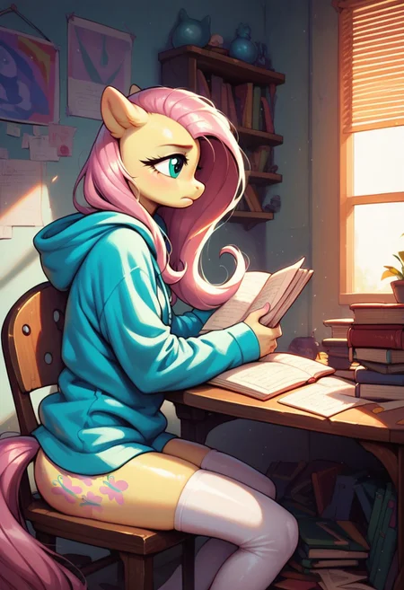 score_9, score_8_up, score_7_up, score_6_up, semi-realistic artwork, detailed background, high quality, vibrant colors, best quality rendering, intricate details, high resolution, sharp focus, best render quality, (background-room, study, table, homework, glowing desk light), side view,
1girl, solo, {Fluttershy (anthro pony) long hair, 18 yo, narrow shoulders, skinny, shiny skin,
oversized hoodie, white thigh-high socks,
dynamic pose, sitting chair, doing homework, studying,
shy, pensive, bored,