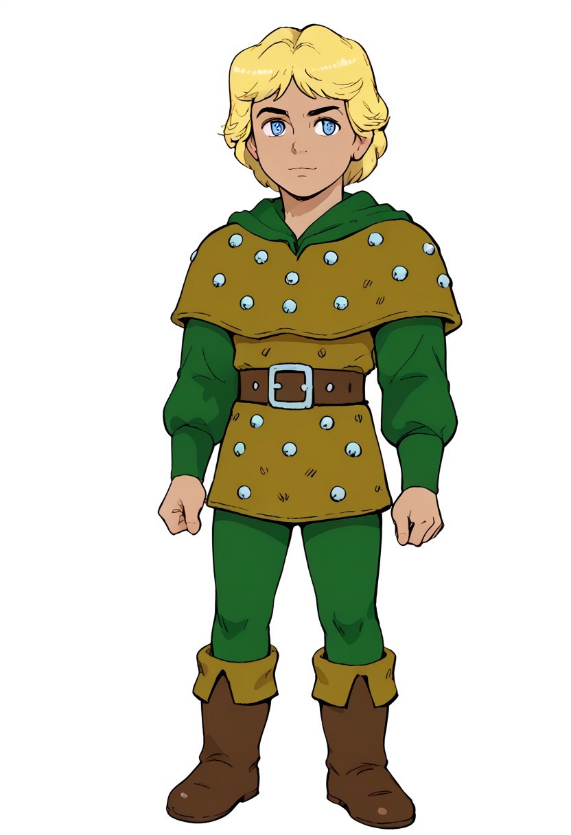 score_9, score_8_up, score_7_up, highly detailed, cute boy, 1boy, solo, 1boy, male, hanktheranger, Blonde Hair, shoulder-length Hair, slightly wavy Hair, Blue Eyes, standing straight, hands at sides Green tunic, golden leather armor, leather armor decorated with silver studs, green pants; brown leather boots; wide brown belt with a metallic square buckle,, 1boy, male focus, male, young adult, solo, CuteCartoonStyle, dynamic pose, expression, , standing, park