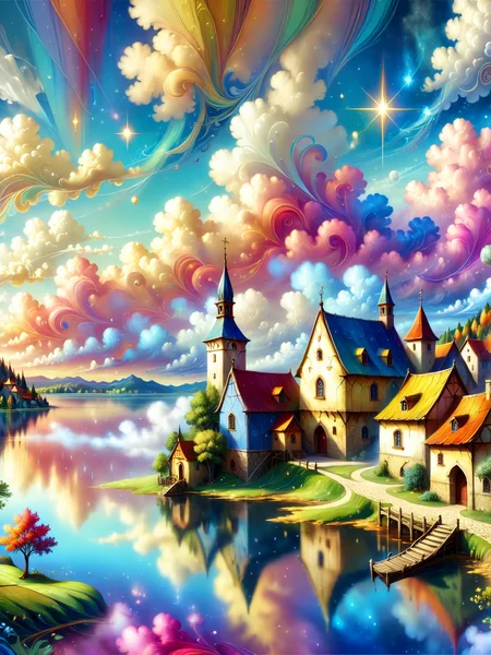 DonMF145h1n6XL, A beautiful rendition of a small medieval village near a lake, (cumulus clouds:1.2), dramatic composition, cinematic, concept art, golden ratio, matte painting, Marc Simonetti, Sergey Vasnev, Anato Finnstark, artstation, 8k, high resolution <lora:DonMF145h1n6XL:1.4>, (masterpiece:1.2), best quality