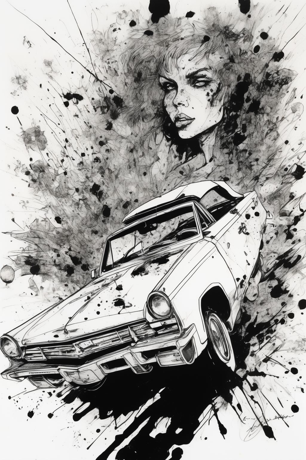 Jim Mahfood Style - black and white pen, ink and rough splatter illustration by Ralph Steadman of closeup on face of a lunatic, female drug-addled robot extremist driving a 1960s convertible through Las Vegas circa 1970 being attacked by robot drones from hell, extreme dramatic diagonal angles.