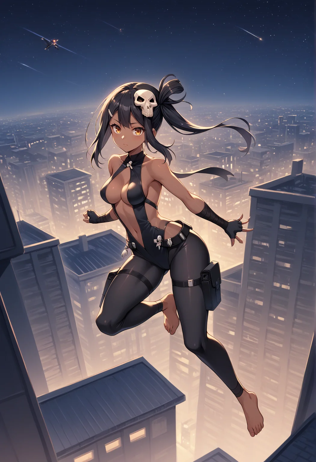 black hair, dark skin, long hair, folded side ponytail, skull, mask on head, highleg leotard, center opening, arm wrap, fingerless gloves, leggings, hip vent, darl skin, thigh holster, arched back, holding kunai, jumping, rooftop, on rooftop, skyscraper, night, barefoot,  medium breasts, looking at viewer  <lora:Miyu_Pony_v2:1>, score_9, score_8_up, score_7_up, score_6_up, score_5_up, score_4_up, BREAK source_anime, masterpiece