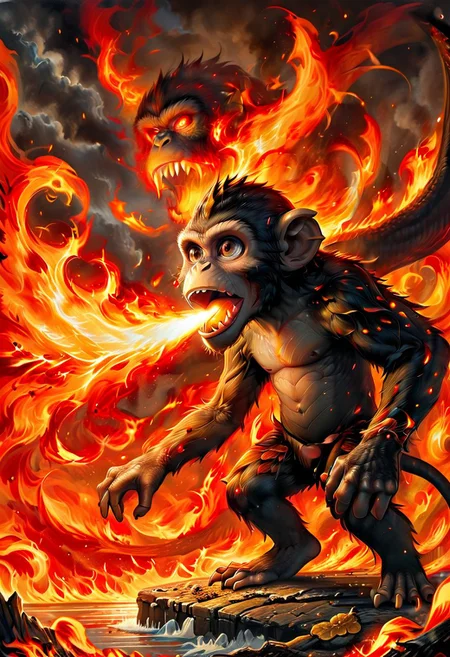 action photo, uhd (3d framed), intricate details, extremely detailed, masterpiece, masterpiece ,crazy monkey (breathes fire:1.6), protects the banana around,8k,F2.8, <lora:FireBreath:0.8>,<lora:The_Dark_Side_of_the_Earth:0.6>,