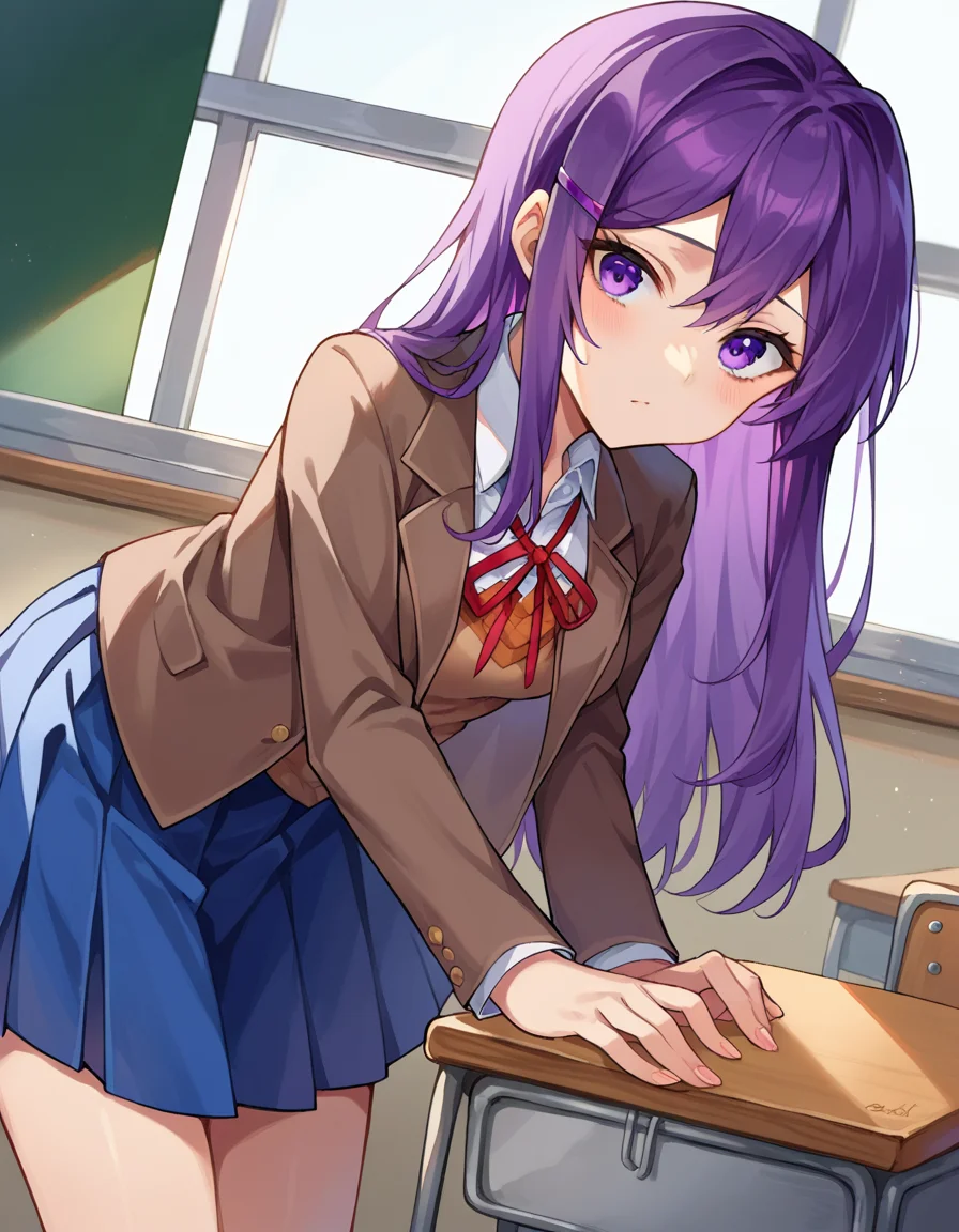 score_9, score_8_up, score_7_up, source_anime,
ddlcyuri, <lora:ddlc-yuri-ponyxl-lora-nochekaiser:1>
ddlcyuri, hair ornament, hairclip, long hair, purple eyes, purple hair,
blazer, blouse, blue skirt, jacket, brown jacket, miniskirt, neck ribbon, ribbon, school uniform, shirt, skirt, white shirt, wing collar,
indoors, classroom, bent over,
looking at viewer, dutch angle, cowboy shot,