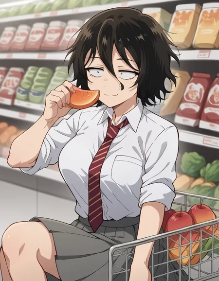 score_9, score_8_up, score_7_up, source_anime, <lora:akira-asai-s1-ponyxl-lora-nochekaiser:1>, akira asai, short hair, black hair, messy hair, bags under eyes, sanpaku, black eyes, hair between eyes, large breasts,, skirt, shirt, school uniform, white shirt, pleated skirt, necktie, striped, collared shirt, red necktie, grey skirt, sleeves rolled up, shirt tucked in, striped necktie,, grocery store, shopping cart, picking fruits, everyday life, , smile, , arm out, knee up, hand open, solo,, cowboy shot, dutch angle