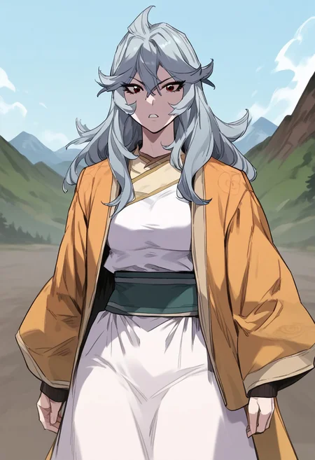 zPDXL3, score_9_up, score_8_up, score_7_up, (Anime_source), 1girl, Mara, red eyes, grey hair, long hair, Mara M.A. outfit, cowboy shot, looking at viewer, floating hair, parted lips, standing on mountain