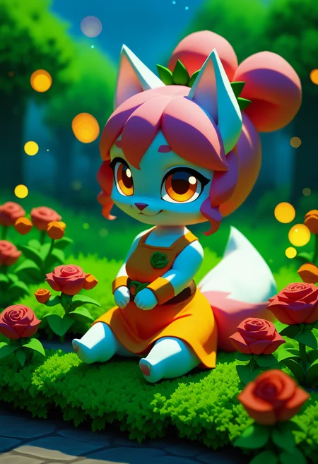 score_9, score_8_up, score_7_up, ((solo)), windwakerstyle, cel shaded, cartoon, (chibi), shortstack, cat, (fluffy pink tail), (((white fur))), furry, female, small breasts, furry, pink hair, twin ponytails, orange eyes, short, cute, (orange tunic), meadow, (night), (glowing stars), (lying on grass), on hill, tree, roses, lillies, tulips, hands on stomach, smiling, bokeh:1.5 <lora:Windwaker_Style_PDXL:1.3> <lora:SDXLFaeTastic2400:0.5>