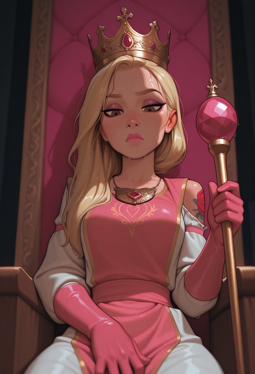 masterpiece, best quality, amazing quality, very aesthetic, DISNEY_ANIMATION, incoth, (incase:0.6), female, (depth of field), 
beautiful 18 year old russian czech princess, perfect face, blonde hair, hair tucked behind her ear, pink lipstick,
eyeliner,slim, small breasts, hair swept to one side, beautiful, kawaii, brown eyes, sitting, throne, medieval, pink evening gloves, golden crown, pink tabard with gold embroidery, shoulder tattoo, necklace,
detailed face, beautiful face, dramatic, wet hair, close up of her face, zoomed in on her face, curious, tilting head, serious, holding a scepter, looking down at viewer, view from below, regal, noble
