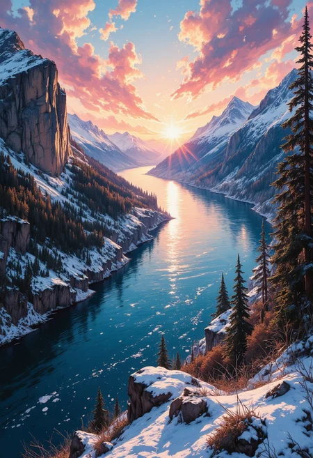 A large wide Fjord runs through a valley towards a open ocean in the far distance. Tall granite snow covered mountains frame the scene. The sun is just rising above the horizon, painting the sky in vivid hues of pink, orange, and gold. Viewpoint from the fjord water surface looking up. A mix of forest and meadow fills one side of the fjord. The other side features a rocky cliff. Snow and ice sparkle as the sun hits them. Wispy clouds catch the sunlight, transforming into strands of brilliant color. The Fjord is dark blue and highlighted in icy blues. G0thicL1nes