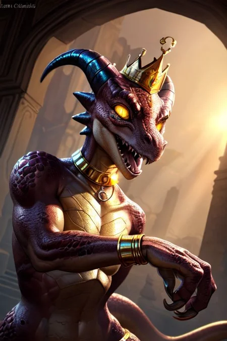 scalie, anthro, ((female kobold:1.3)), detailed pink scales, detailed scales, intricate scales, ((small breasts)), (nude), (detailed face), (detailed clear eyes:2), (big eyes:0.5), claws, open mouth, grin, (fangs:1.3), cute, young, muscular, athletic, elegant, beautiful, claws, (slit pupils),
dynamic pose, (sexy pose), 
<lora:dragon:0.1>
<lora:addmoredetails:0.1>
<lora:Velociraptor_Dino:0.2>
<lora:deathclaw:0.2>
by totesfleisch8,
((golden bracelet, golden anklet, golden necklace, golden earrings, iridescent gold, collar, golden tiara, golden crown)),
bright sunlight, on a beach, 
(ambient light on the body),
Ray tracing, dutch angle, dramatic lighting, concept art, highly detailed, (hi res), ((masterpiece)), ((best quality)) masterpiece, best quality, masterpiece, best quality, cinematic composition, (masterpiece, best quality, ultra realistic, 4k, (high detail:1.3), sharp focus,