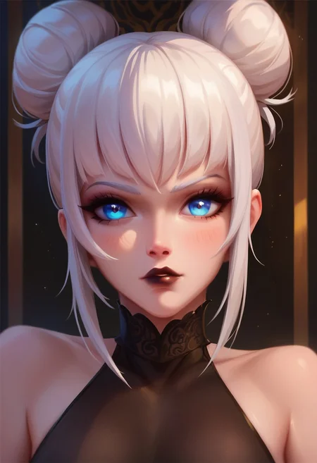 score_9, score_8_up, score_7_up, score_6_up, ultra quality, high quality, 1girl, slim, pale skin tone, dark lipstick, black dress with white fur, bun hairstyle, white hair, big blue eyes, cute eyes, delicate features, sexy, sensual glare