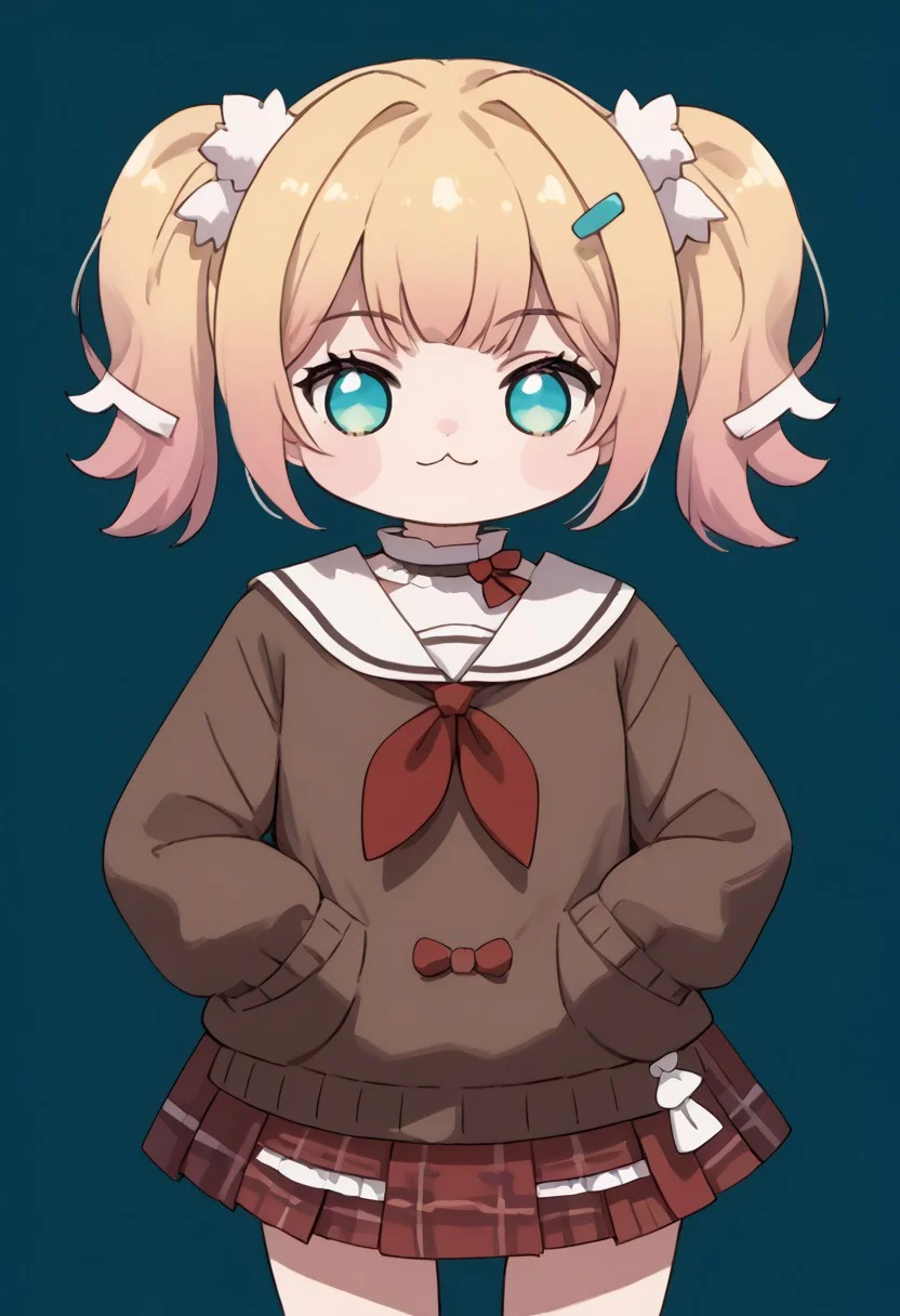 score_9,
score_8_up,
score_7_up,
source_anime,
mint background,
NeneCasual,
1girl,
solo,
twintail,
pom pom hair ornament,
hairclip,
brown sweater,
white sailor collar,
red neckerchief,
red skirt,
plaid skirt,
doro,
creature,
:3,
chibi,
no humans,
white skin,
solid circle eyes,
no pupils,
four legs,