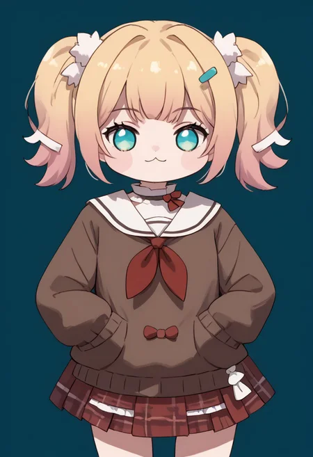 score_9,
score_8_up,
score_7_up,
source_anime,
mint background,
NeneCasual,
1girl,
solo,
twintail,
pom pom hair ornament,
hairclip,
brown sweater,
white sailor collar,
red neckerchief,
red skirt,
plaid skirt,
doro,
creature,
:3,
chibi,
no humans,
white skin,
solid circle eyes,
no pupils,
four legs,