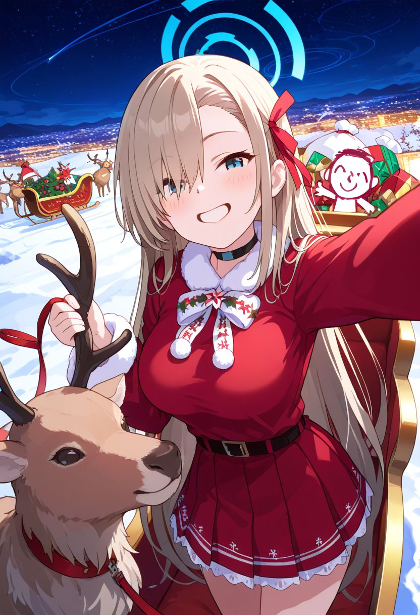 masterpiece,best quality,absurdres,very aesthetic,1girl,safe,asuna \(blue archive\),doodle sensei \(blue archive\),selfie,sleigh,reindeer,christmas,leash,star (sky),night,starry sky,night sky,flying,<lora:sleigh_Illust_v1:0.8>,<lora:ponyv5_noobV065S_1_adamW:0.5>,<lora:MeMaXL4:0.5>,<lora:illustrious_noobai_epsilon_pred_11_very_aesthetic_v1:0.5>,