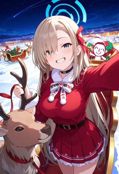 masterpiece,best quality,absurdres,very aesthetic,1girl,safe,asuna \(blue archive\),doodle sensei \(blue archive\),selfie,sleigh,reindeer,christmas,leash,star (sky),night,starry sky,night sky,flying,<lora:sleigh_Illust_v1:0.8>,<lora:ponyv5_noobV065S_1_adamW:0.5>,<lora:MeMaXL4:0.5>,<lora:illustrious_noobai_epsilon_pred_11_very_aesthetic_v1:0.5>,