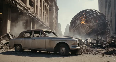 cinematic film still of <lora:Metropolis City:1>
metropolis city a wrecked car is parked next to a destroyed daily planet golden globe in a destroyed city with fire and explosion in background, shallow depth of field, vignette, highly detailed, high budget, bokeh, cinemascope, moody, epic, gorgeous, film grain, grainy