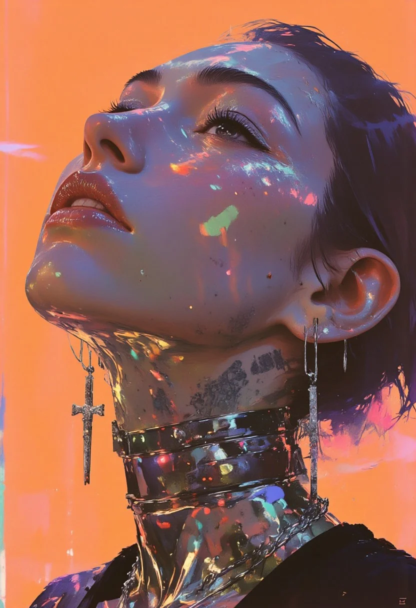 (hyper-realistic, ultra-detailed, glossy and oily skin, masterpiece:1.3, sparkling chrome, iridescent texture, light effects, photorealism:1.4) A futuristic young woman exudes an edgy, cyberpunk aesthetic, her highly glossy and oily skin reflecting the vibrant neon lights around her. Freckles dot her face, blending seamlessly with subtle iridescent textures that shimmer in the electric glow. She gazes upward with a wide, daring smile, revealing metallic teeth that glint in the neon light. Sleek mechanical components line her jawline and neck, seamlessly merging with her chrome-sparkling skin, giving her a hybrid, cybernetic appearance. Piercings dot her ears and lips, and silver chains drape from her face, accentuating her bold, alternative style. Her lips are stained with realistic blood, adding a raw, visceral edge to her expression. Large cross-shaped earrings dangle, catching the light as they sway, adding movement to the scene. Her tattooed neck transitions into a metallic, cyborg-like structure, where wires and circuits pulse beneath the surface. Bright ultraviolet-purple hair, styled in sharp futuristic cuts, contrasts vividly with the neon-orange background, pulsing with electric energy. A subtle shadow covers half of her face, intensifying the mood. The glowing neon highlights, in combination with the intense contrast of ultraviolet-purple and neon-orange, create a high-tech, dystopian atmosphere alive with digital tension, perfectly embodying her rebellious and fearless attitude. aidmamj6.1, xijie-blue