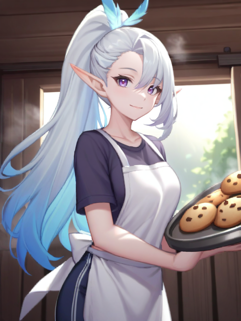 1girl, solo, sweatpants, shirt, apron, holding cookie tray, cookies, steamy, cabin log, sunray, cozzy ambience, looking at viewer, light smile
<lora:Miya_Moonlight_Archer_XL-09:0.9>, miya_ma, purple eyes, relaxed, pointy ears, elf, long hair, asymmetrical bangs, high ponytail, hair ornament, (feather hair ornament:1.1),