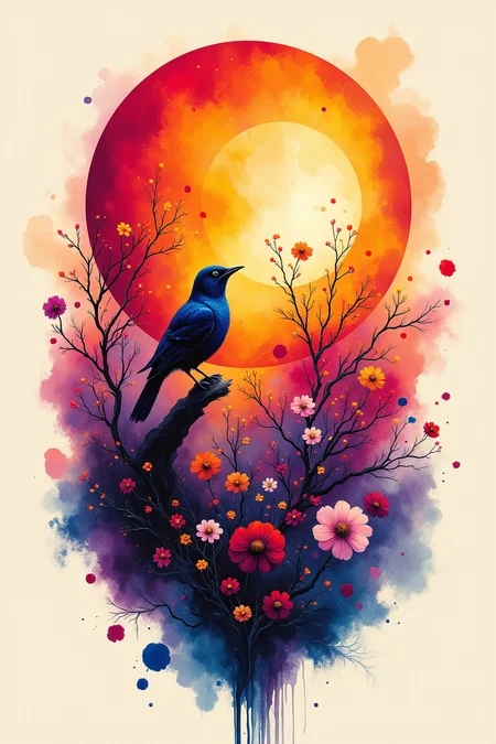 Very beautiful and elegant bird at sunset, masterpiece, logo aesthetics, minimalist illustration, ink art.,aidmafluxpro1.1,velvet_myst