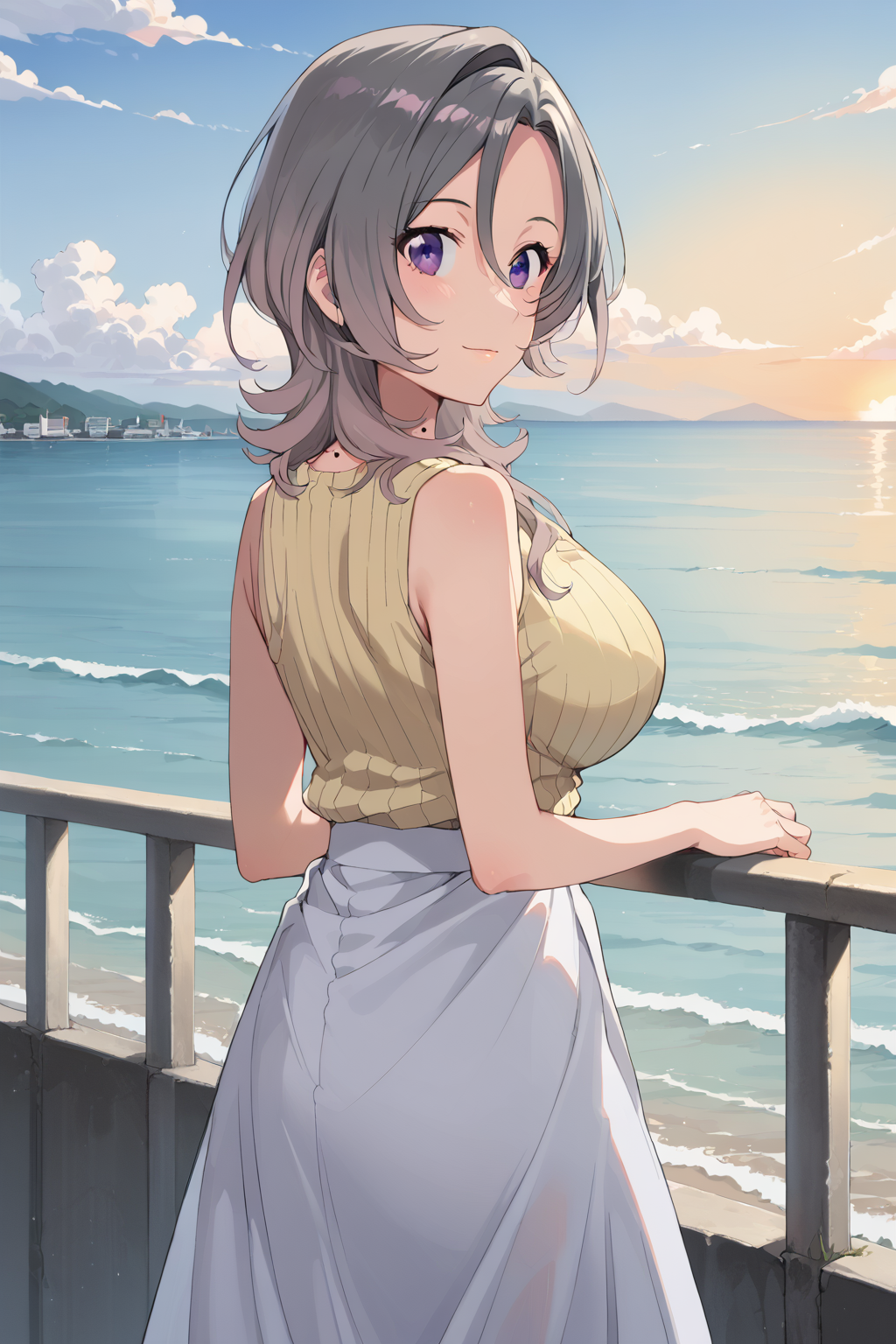 score_9, score_8_up, score_7_up, , source_anime, 1girl,   chiyuhaebaru, grey gradient hair, yellow sweater, white skirt, sleeveless sweater, long skirt,  mole on neck, White hair, purple eyes, ribbed sweater, large breasts, medium hair, smile,  , (cowboy shot:1.5),   looking at viewer, (from behind:1.5),  looking back,  outdoors,  sea, (railing:0.5), sunset <lora:chiyuhaebaru_pony:1> chiyuhaebaru, grey gradient hair,  mole on neck, White hair, purple eyes,  large breasts, medium hair,
