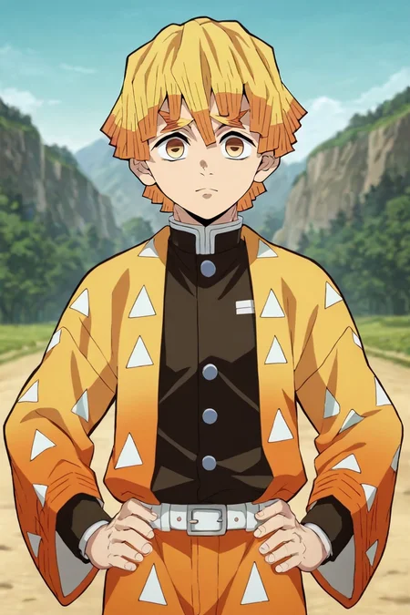 score_9, score_8_up, score_7_up, score_6_up, score_5_up, score_4_up, BREAK source_anime, anime screencap, anime coloring, , looking at viewer, upper body, depth of field, 1boy, solo, male focus, <lora:zenitsu_agatsuma_pony:0.76>, zenitsu_agatsuma, blonde hair, yellow eyes, short hair, bangs, thick eyebrows, demon slayer uniform, , straw hat, The Tower of Destiny, Standing tall, hands on hips, looking confident, <lora:sdxl_lightning_8step_lora:1>