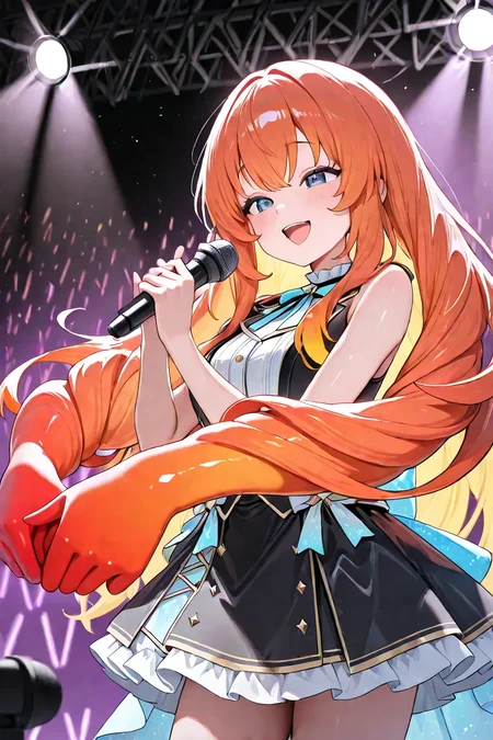 masterpiece, best quality, absurdres, 1girl, hair arms, prehensile_hair, idol girl on stage, singing, smile open mouth, long hair, stage light, holding microphone, solo, rating_safe