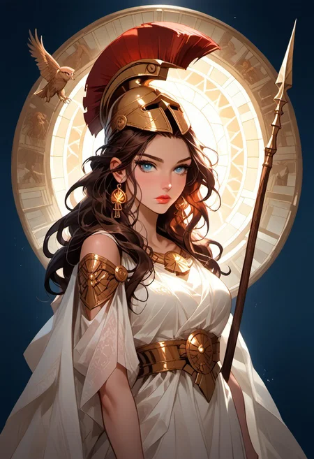 Stable_Yogis_PDXL_Positives, (score_9, score_8_up, score_7_up), ((zPDXL3)), ((zPDXLxxx)), ((Greek mythology style)), ((face focus, eye focus, dynamic angle, motion)), 1girl, solo, fantasy, (greek_athena, helmet ontop of head, brown hair, long hair, toga, armor, sandals), ((((sheer material, silk, semi-transparent clothes)))), (ancient greek clothes), (armor), (holding spear), lace, cape, breathless intimacy, tanned skin, petite model bombshell, heart, young, delicate features, narrow pointy nose, tiny nose, lust, big eyes, seductive eyes, blue eyes, detailed skin, flared lashes, mascara, makeup, perky huge breasts, athletic body, narrow waist, skinny hips, 
warm light, detailed, neon dark party
 BREAK
milky way, runes, arcane, astral, surreal, ethereal glow, masterpiece, best quality, intricate design. colorful, moonlit nightsky, stained glass aesthetic, moody whimsical color palette, murano glass, bold soldering lines, volumetric light shining through, crepuscular rays, intricate craftsmanship, detailed texture, luminous transparency, reflective light play, vivid hues, atmospheric depth, enchanting silhouette, art nouveau,