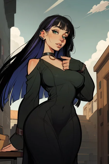 1girl, (solo:1.2), (cowboy shot:1.2), (looking at viewer:1.3),
<lora:PA-san [justTNP - v1.0]:1> pa-san, (blunt bangs:1.3), (long hair), (colored inner hair:1.2), (black hair), purple hair, (green eyes:1.3), large breasts, curvy, young female, hime cut, ear piercing, jewelry, (black dress:1.2), clothing cutout, shoulder cutout, (sleeves past wrists:1.2), choker, black choker
BREAK <lora:Incase [MockAi - v1.0]:1> incase, western artstyle, semi-realistic facial structure, semi-traditional artstyle, (soft rendering style with visable brush strokes:1.3), (red nose and cheeks:0.9), (skin texture:0.9), sharp nose, bouncing light, voluminous shading, (painterly style:1.2), (thick lineart), (muted colors:1.3)
BREAK intricate details, (masterpiece:1.3), (best quality:1.3), (perfect anatomy:1.4) BREAK, (beautiful white clouds:1.3), puffy clouds, white sky