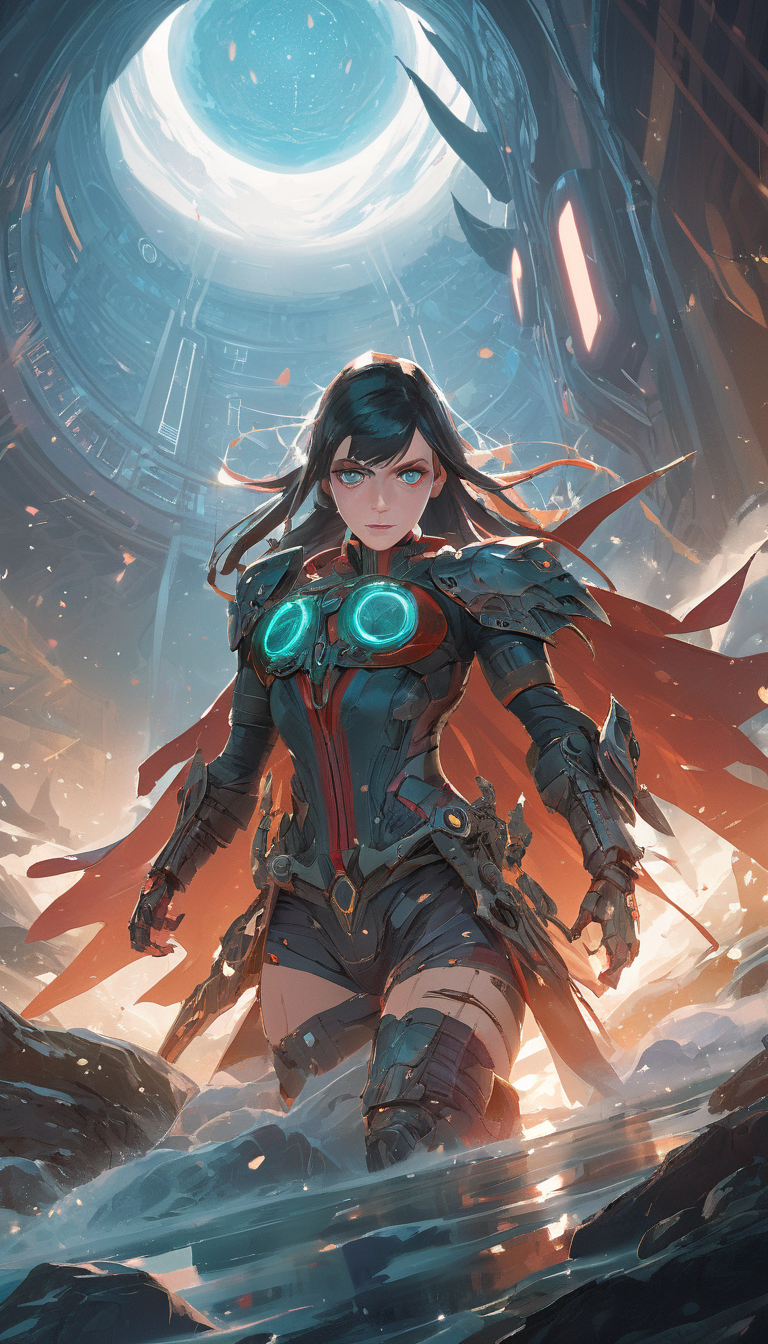 Science fiction, fantasy, extremely beautiful piercing eyes, cinematic scene, hero view, action pose, scenery, detailed background, masterpiece, best quality, high quality, intricate, absurdres, very detailed, high resolution, 8k, vivid, colorful, epic, elegant, award winning, Toni Infante <lora:toni_infante_xl_v3:1>