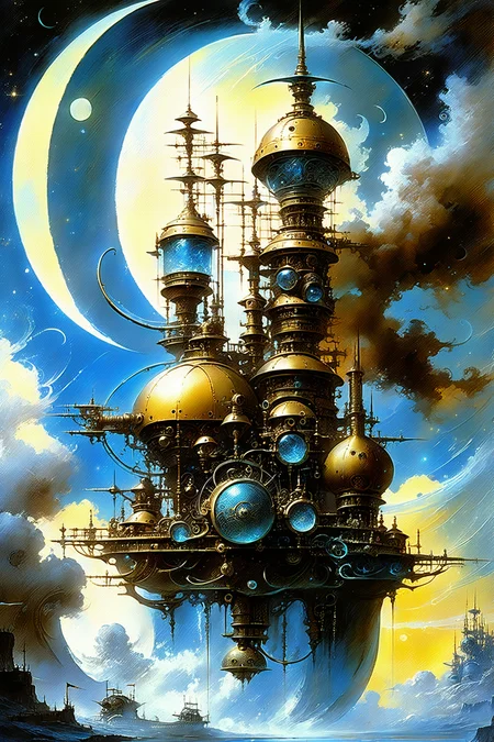 fantastic futuristic steam punk made of shiny brass towers, floating_swirls_made_of_steam, steam, smoke, blue sky, silver moons, dramatic color palette, <lora:add-detail-xl:2> misc <lora:DonMW15pXL:0.5> DonMW15pXL, <lora:d\EnvyFantasticXL01:1> <lora:John Berkey Style:0.6> John Berkey Style page, (masterpiece:1.2), best quality, (hyperdetailed, highest detailed:1.2), high resolution textures, <lora:EnvyBetterHiresFixXL01:1>
