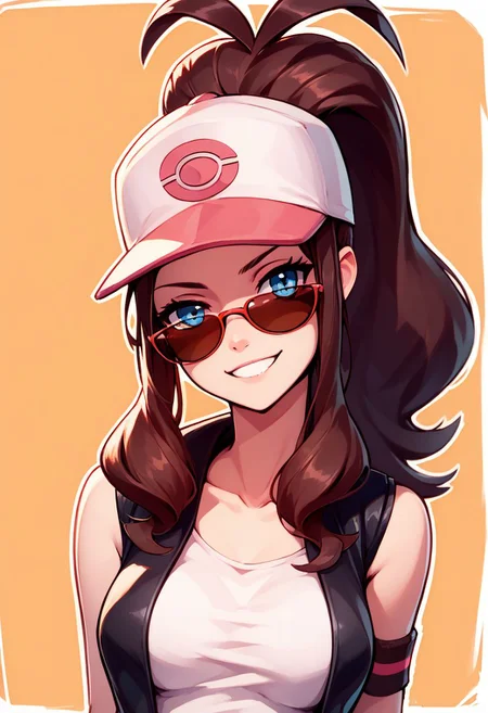 score_9, score_8_up, score_8, big breasts, (curvy), cute,
BREAK,
(sunglasses:1), smug, sirmont,
zzHilda, long hair, high ponytail, sidelocks, hat, collarbone, white shirt, black vest, sleeveless, wristband,
BREAK,
smile, looking at viewer,
upper body, head tilt, narrow waist,
abstract background, white outline,
zPDXL,