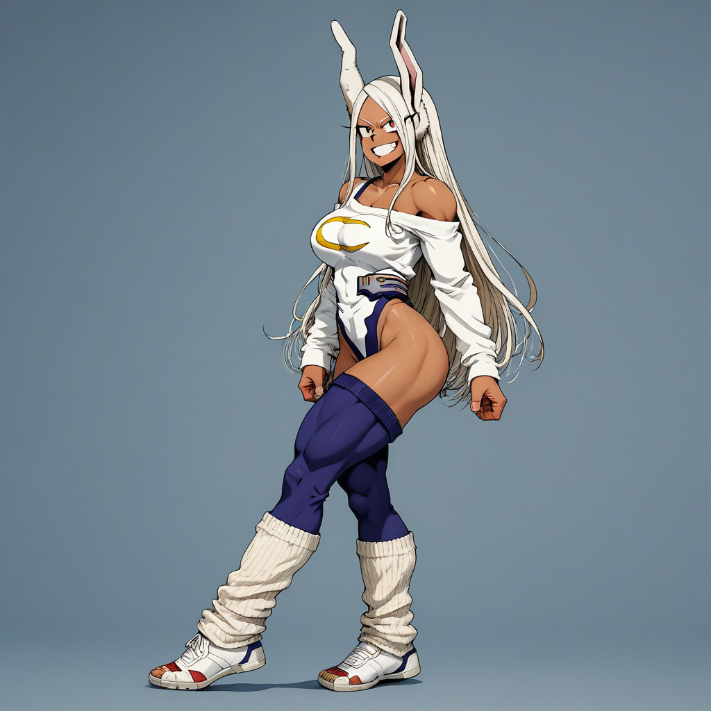 score_9, score_8_up, score_7_up, source_anime, pornstar, porn, pornography, realism, photorealism, dynamic, 1girl, retro_workoutwear, boku_no_hero_academia, my hero academia, Mirko, BREAK, MILF, large breasts, 25 year old female, Mirko\(my hero academia\), 1woman, dark-skinned_female, red eyes, smirk, sexy, horny, (white hair), white clothes, retro_workoutwear, 1980s_(style), aerobics, headband, off_shoulder, highleg_leotard, leg_warmers, thong_leotard, cropped_sweater, leg_warmers, sneakers, studio,