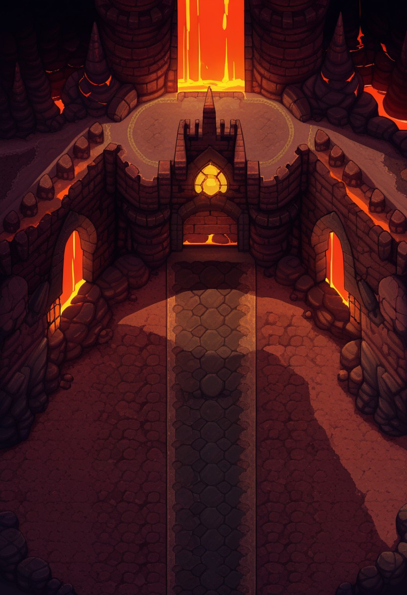 AMAZING QUALITY, MASTERPIECE, PARADOX PARALLAX, SCENERY, FROM ABOVE, VOLCANO, MOLTEN, LAVAFALL, CASTLE, ENTRANCE, ROCKS