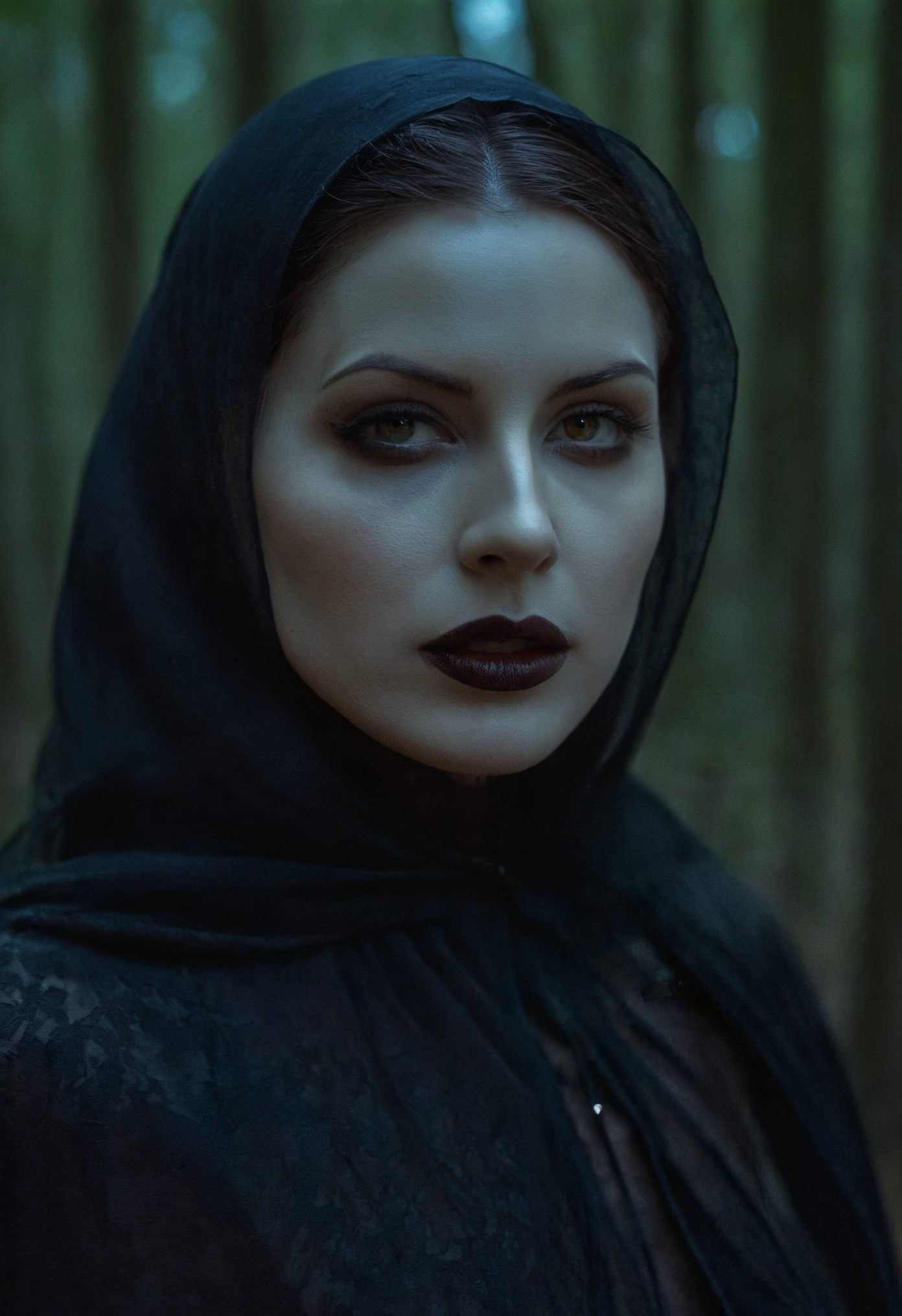 Dark art chdmchlwrd style, close up of a beautiful mysterious woman, standing in the woods during dusk, macabre, sinister, extremely lifelike, realistic skin texture, raytracing, sharp focus, 8k, hdr, masterpiece, photography, dslr, kodachrome, 35mm photograph, analog film, professional, highly detailed
