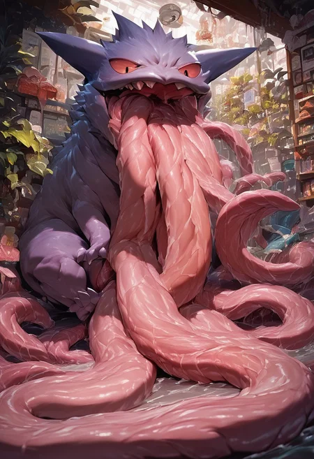 score_9, score_8_up, score_7_up, source_realistic, gengar, pokemon (creature), (sticking out hyper multi tongues:1.2), hyper tongue, long tongue, multi tongue, huge tongue, thick tongue, feral, solo, (completely surrounded by hyper multi tongues), Loves licking entire his own body with hyper multi tongues
