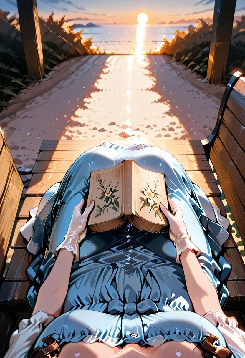warm colors, masterpiece, best quality, amazing quality, solo,  long brown hair, ringlets,( female pov shot, first person point of view,:1.4) sitting upright,  Southern Belle, (blue:1.4) hoop skirt dress, long dress, short sleeves, white silk gloves, holding a large book with both hands, noon time, summer season, sitting upright, looking down perspective, on a wooden bench,(female pov:1.3)
