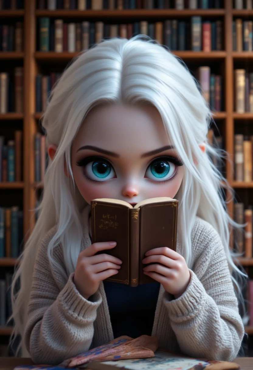 A slender, petite girl with long white hair and pale skin is reading a book in a library, dressed in a knitted sweater that is open down the middle.. in the style of Jed-clrfl, aidmafluxpro1.1, aidmaMJ6.1, Holo_GFX H_GFX