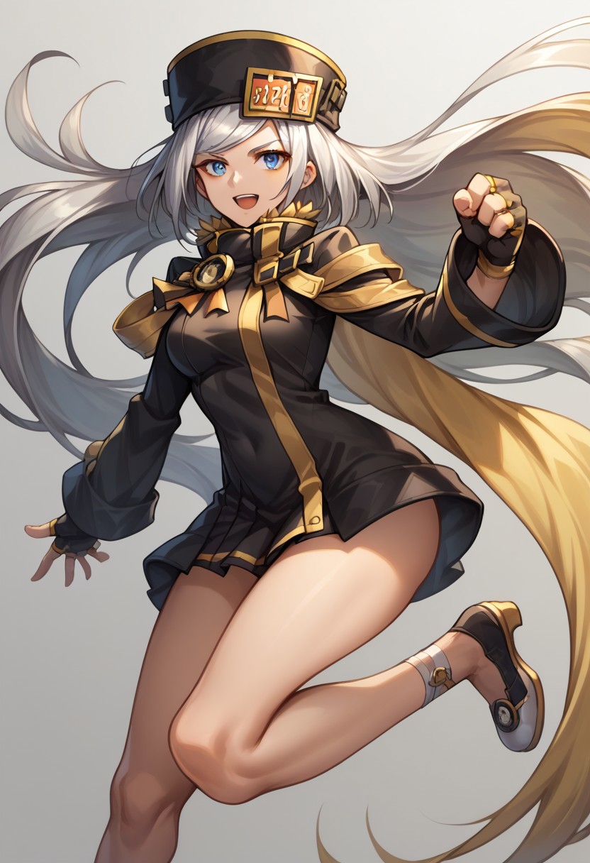 score_9, score_8_up, score_7_up, source_anime, good anatomy, s1girl, solo, MilliaRageXrd, silver hair, very long hair, blue eyes, short black dress with yellow trim, high collar, military uniform, license plate, black hat with yellow trim, ushanka, black gloves, belts, bare legs, sleeves past wrists, shoes, fighting stance, open mouth, smiling