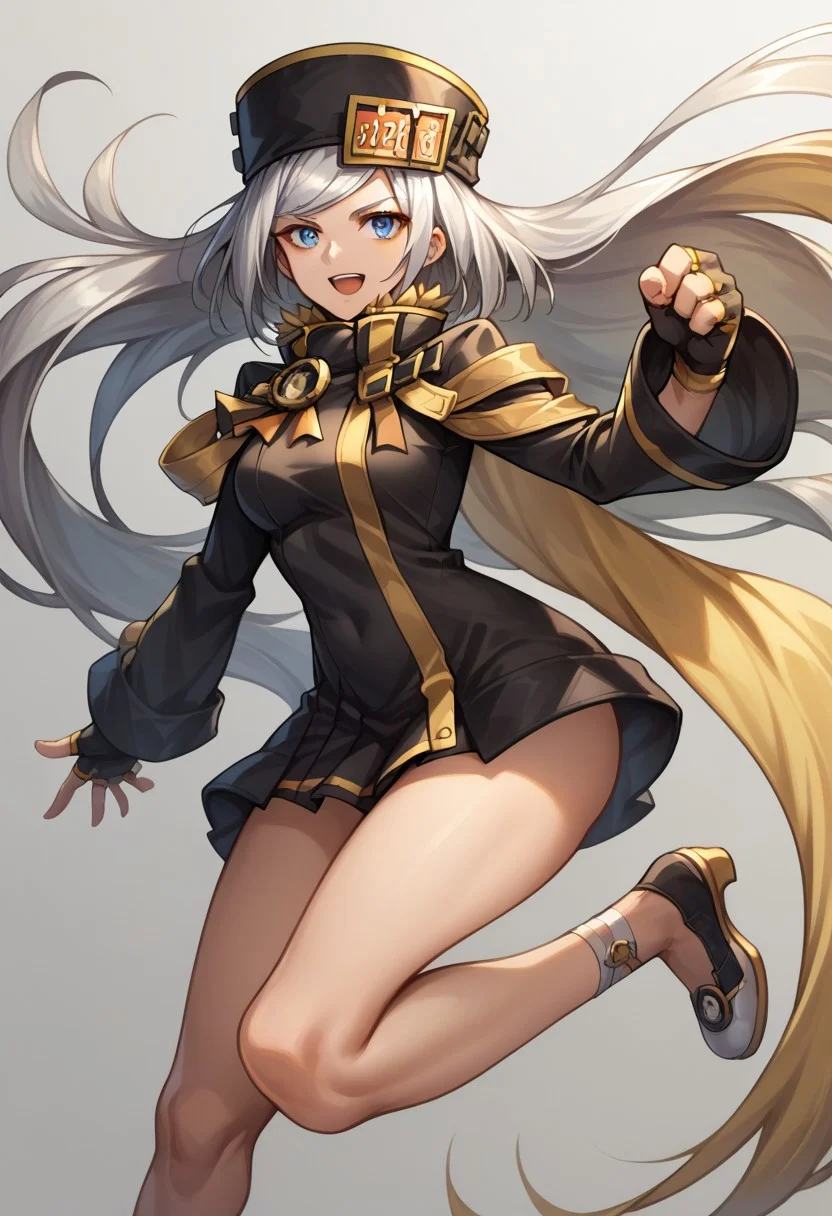 score_9, score_8_up, score_7_up, source_anime, good anatomy, s1girl, solo, MilliaRageXrd, silver hair, very long hair, blue eyes, short black dress with yellow trim, high collar, military uniform, license plate, black hat with yellow trim, ushanka, black gloves, belts, bare legs, sleeves past wrists, shoes, fighting stance, open mouth, smiling