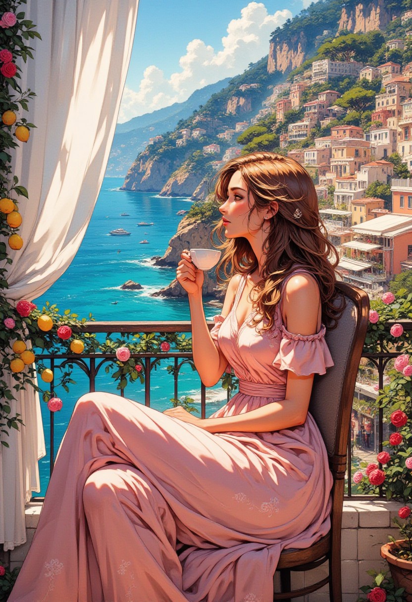 Amalfi Coast Balcony – Blush Pink Dress
"A young woman with long wavy hair sits on a sun-drenched balcony overlooking the turquoise waters of the Amalfi Coast. She wears a flowing blush pink dress with soft ruffled sleeves and subtle floral embroidery. A sheer white curtain billows gracefully in the sea breeze, partially veiling the stunning view of colorful cliffside houses. The scent of fresh lemons drifts through the air as she sips from a delicate porcelain teacup, lost in the breathtaking Mediterranean scenery."