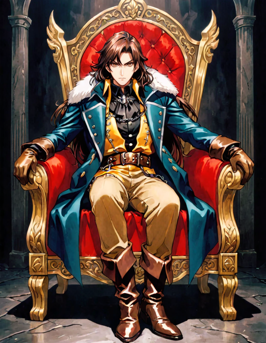 anime artwork photograph Richard Belmont, sotn, 1boy, male focus, brown gloves, official art, sitting, brown hair, long hair, boots, throne, retro artstyle, coat, belt, full body, black background, chair, scan, 1990s (style), pants, shirt, simple background
 <lora:sotn:.6> 
<lora:offset_0.2:0.5>, 50mm . cinematic 4k epic detailed 4k epic detailed photograph shot on kodak detailed cinematic hbo dark moody, 35mm photo, grainy, vignette, vintage, Kodachrome, Lomography, stained, highly detailed, found footage . anime style, key visual, vibrant, studio anime,  highly detailed