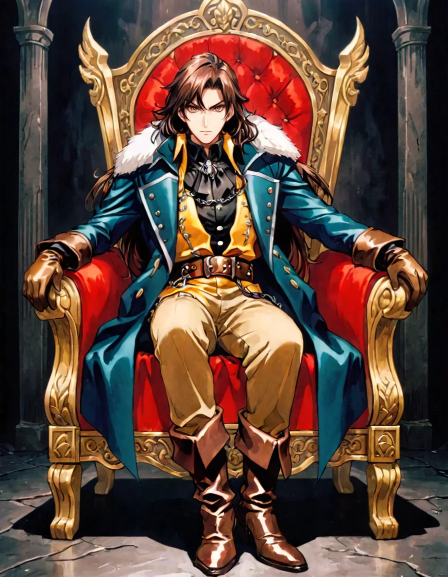 anime artwork photograph Richard Belmont, sotn, 1boy, male focus, brown gloves, official art, sitting, brown hair, long hair, boots, throne, retro artstyle, coat, belt, full body, black background, chair, scan, 1990s (style), pants, shirt, simple background
<lora:sotn:.6>
<lora:offset_0.2:0.5>, 50mm . cinematic 4k epic detailed 4k epic detailed photograph shot on kodak detailed cinematic hbo dark moody, 35mm photo, grainy, vignette, vintage, Kodachrome, Lomography, stained, highly detailed, found footage . anime style, key visual, vibrant, studio anime, highly detailed